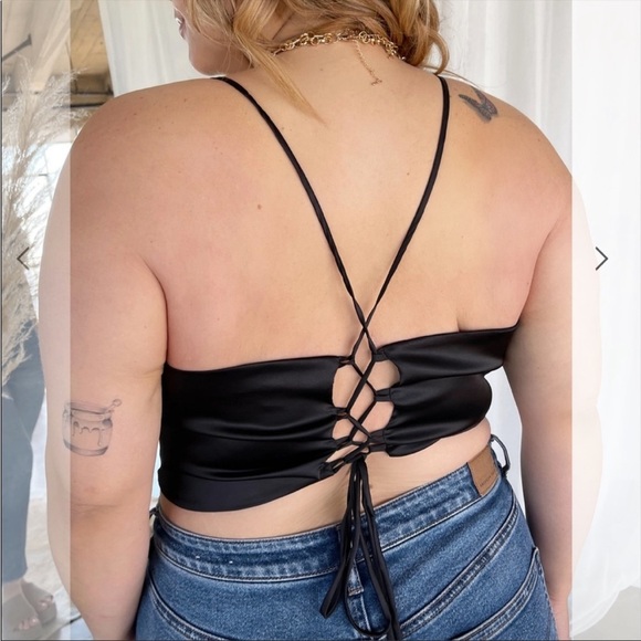 New Black Bustier Style Satin Crop Top with CrissCross adjustable straps NWOT - Picture 5 of 8